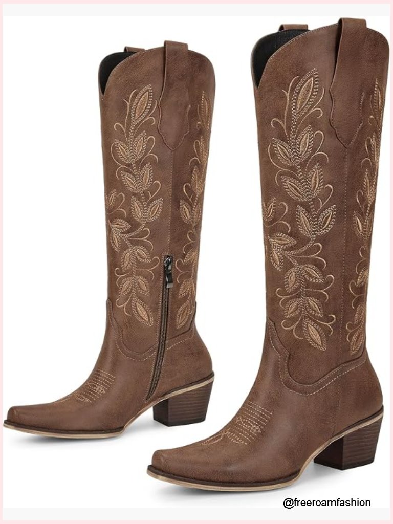 Women's Cowboy Boots Knee High Square Toe Chunky Heel Western Boots With Side